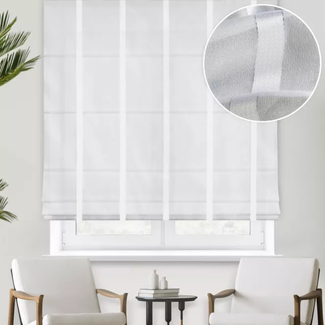 Roleta rzymska HERRA biało srebrna z lekko błyszczącej tkaniny w wąskie paski