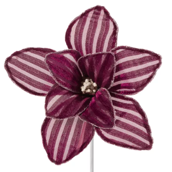 Bordowy dekoracyjny kwiat z welwetu w paski 24 cm Eurofirany