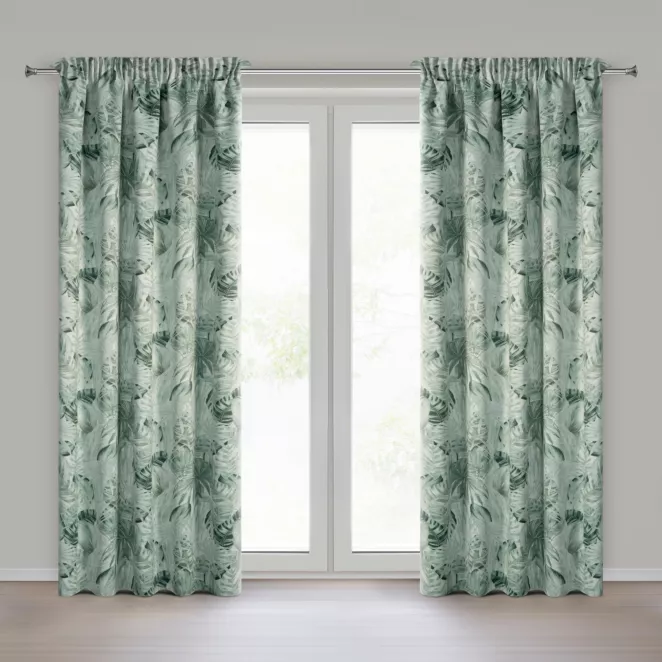 Zasłona miętowo, zielona z tkaniny typu dimout zaciemniająca zdobiona nadrukiem egzotycznych liści 140x270 cm taśma - NINA Eurofirany