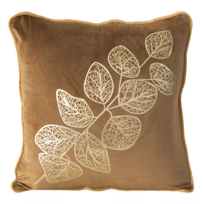 Poszewka dekoracyjna miodowa POPLA z welwetu ze złotymi listkami 45x45 cm Eurofirany