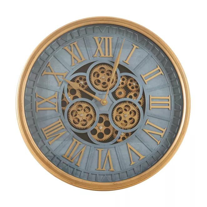 Okrągły zegar ścienny z rzymskimi cyframi i kołami zębatymi Eurofirany