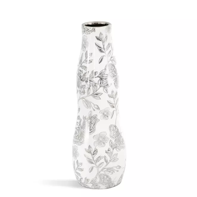 Wazon dekoracyjny biało, srebrny zdobiony roślinnym wzorem 10x30 cm RITA Eurofirany