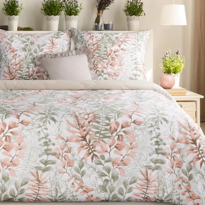 Pościel 140x200 cm komplet 2 częściowy kolor pudrowo różowy, biały z motywem roślinnym FREESIA Eurofirany