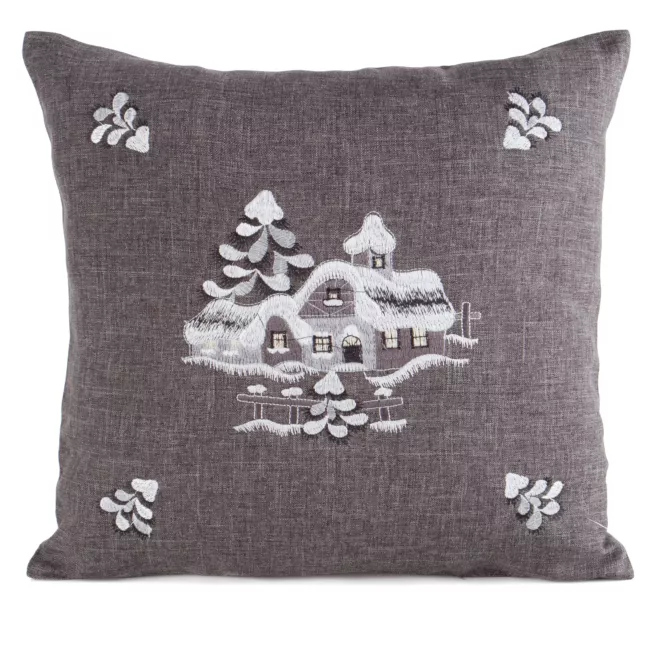 Poszewka na poduszkę świąteczna 45x45 cm stalowo, srebrna o naturalnym splocie z haftowaną aplikacją Eurofirany