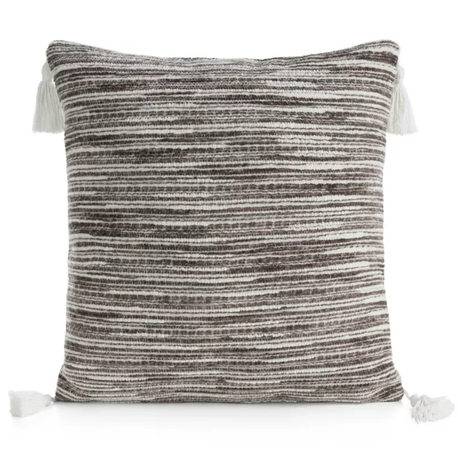 Poszewka na poduszkę 45x45 cm ciemnobeżowa zdobiona chwostami na brzegach tkaniny ENID Eurofirany