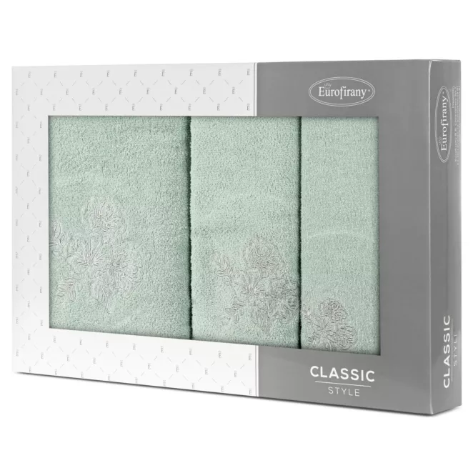 Zestaw ręczników bawełnianych 3 szt kolor ciemno turkusowy, srebrny z haftem kwiatów 400 g/m2 MELANI Eurofirany