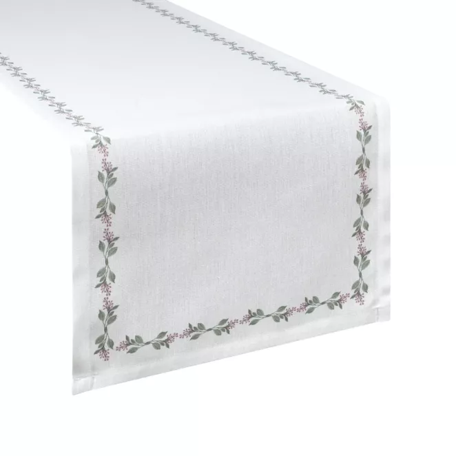 Bieżnik na stół plamoodporny 40x140 cm biało, zielony z motywem roślinnym - LILY Eurofirany