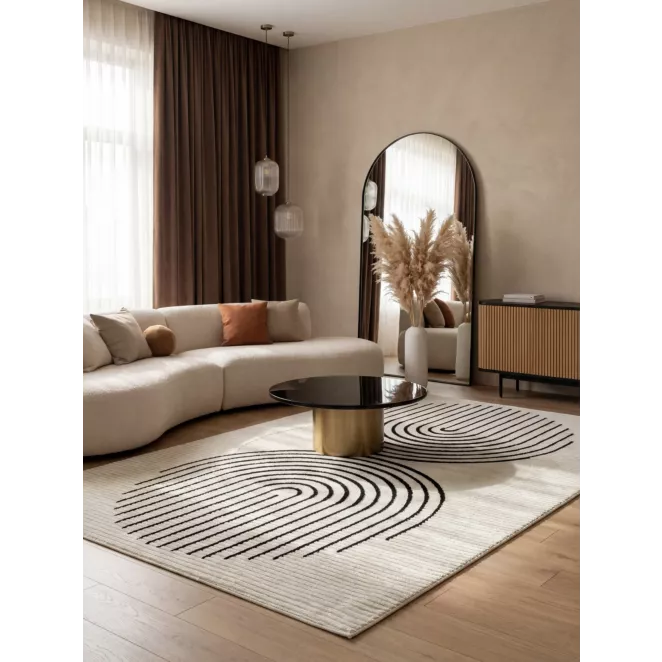 Dywan 60x100 cm kremowo, czarny zdobiony geometrycznym wzorem AURRA1 Eurofirany