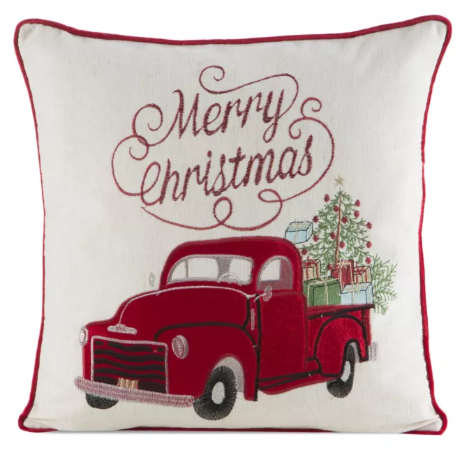 Poszewka na poduszkę świąteczna 45x45 cm kremowo, czerwona zdobiona uroczym haftem Eurofirany