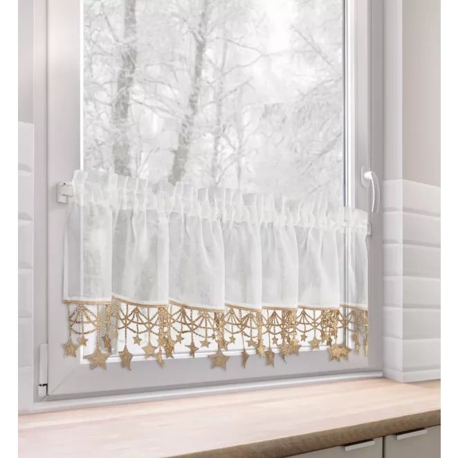 Zazdrostka świąteczna biało, złota z etaminy zdobiona luźno zwisającymi gwiazdkami 30x150 cm tunel - XMAS Eurofirany