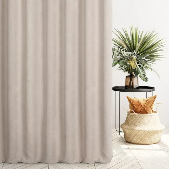 Zasłona szyta na taśmie fala beżowa z miękkiej matowej tkaniny szenilowej o naturalnym splocie
