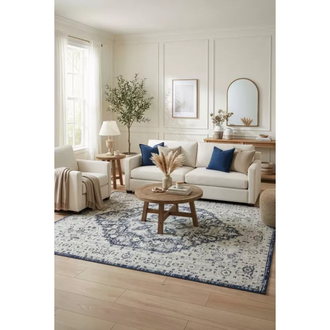 Dywan 60x100 cm kremowo, granatowy zdobiony wzorem ornamentu ELBA2 Eurofirany