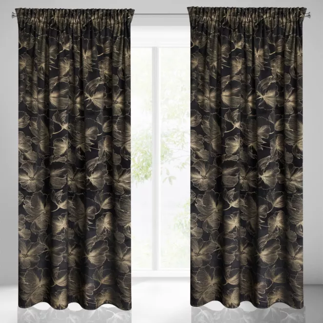 Zasłona czarna z błyszczącego welwetu w złote kwiaty 140x300 cm taśma - STELLA Eurofirany