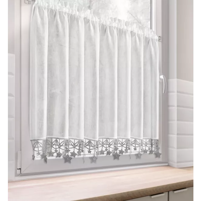 Zazdrostka świąteczna biało, srebrna z etaminy zdobiona luźno zwisającymi gwiazdkami 150x90 cm tunel - XMAS Eurofirany