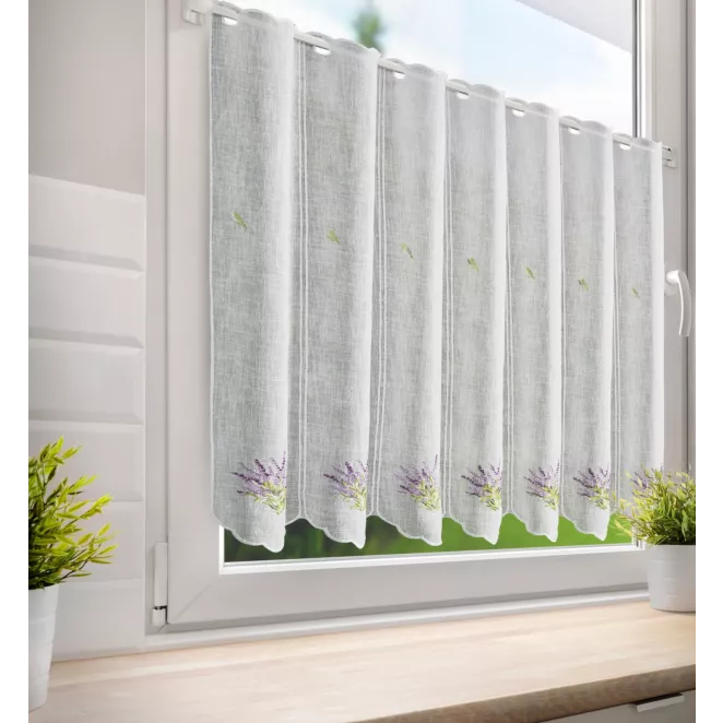 Tkanina firanowa zazdrostka z etaminy zdobiona haftem lawendy Eurofirany