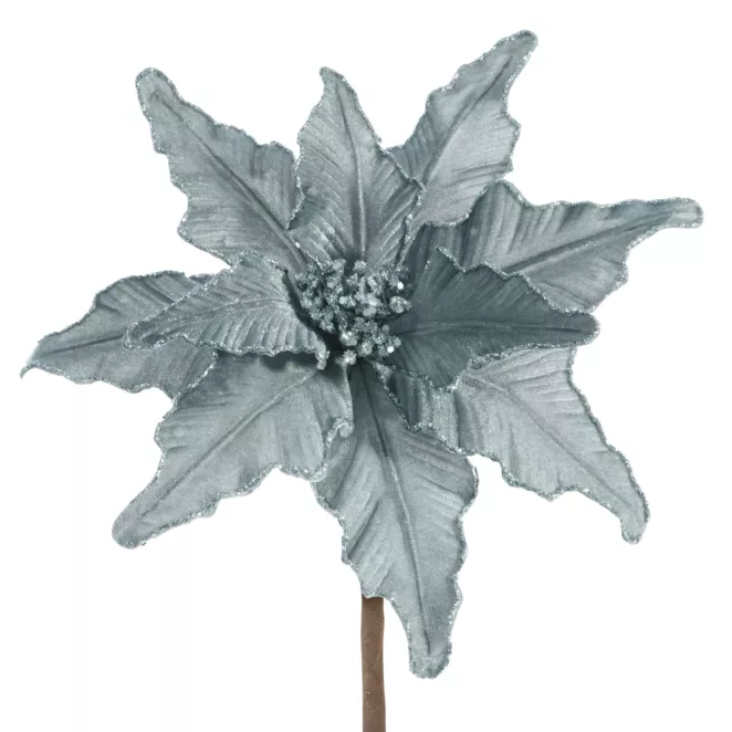 Stalowo szary kwiat dekoracyjny z welwetu z brokatem na choinkę 35 cm Eurofirany