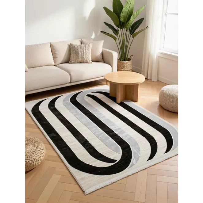 Dywan 60x100 cm kremowo, czarny zdobiony designerskim wzorem AURA 5  Eurofirany