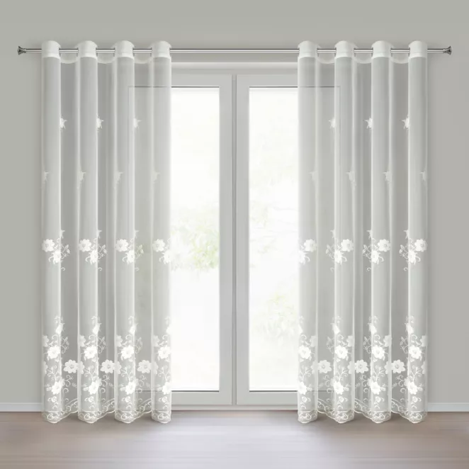 Firana kremowa z siateczki zdobiona subtelnym haftem 140x250 cm przelotka - SALI Eurofirany