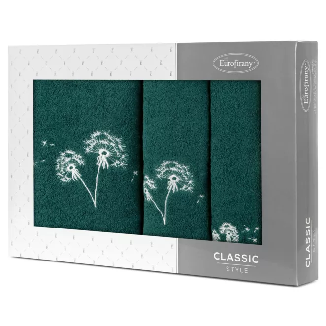 Zestaw ręczników bawełnianych 3 szt kolor ciemno zielony, srebrny z haftem dmuchawca 400 g/m2 MOLI Eurofirany