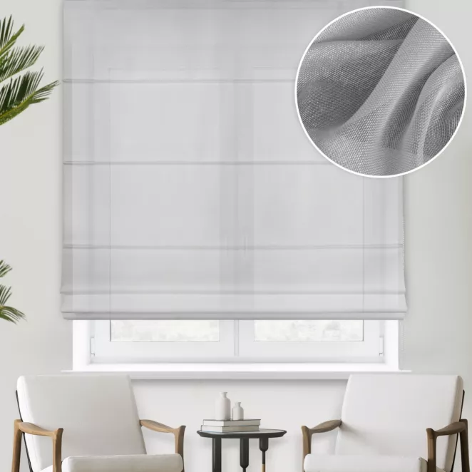 Roleta rzymska srebrna z gładkiej perłowej etaminy o naturalnym splocie, wykończona obciążnikiem