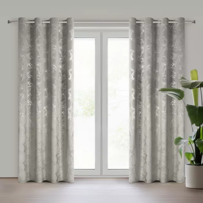 Zasłona stalowo, srebrna welwetowa zdobiona błyszczącym nadrukiem 140x250 cm przelotka - RAJA Eurofirany