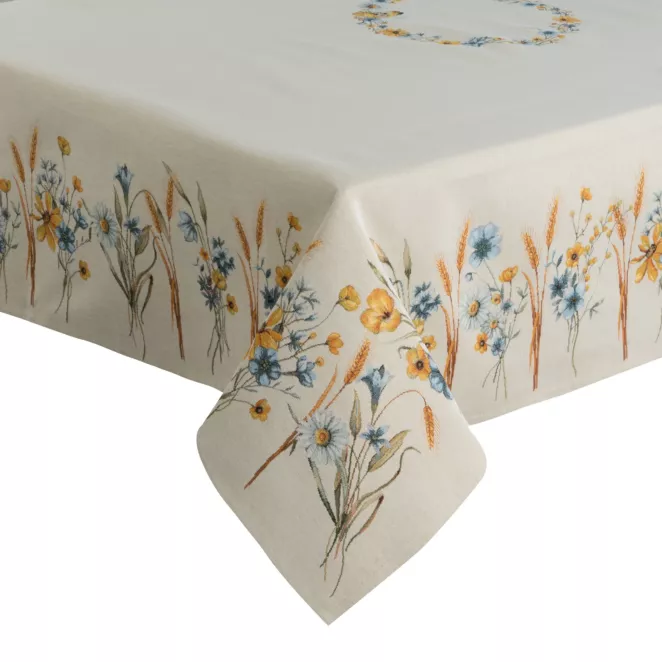 Obrus naturalno, jasnoniebieski 140x180 cm z grubszej tkaniny gobelinowej z nicią szenilową z motywem polnych kwiatów