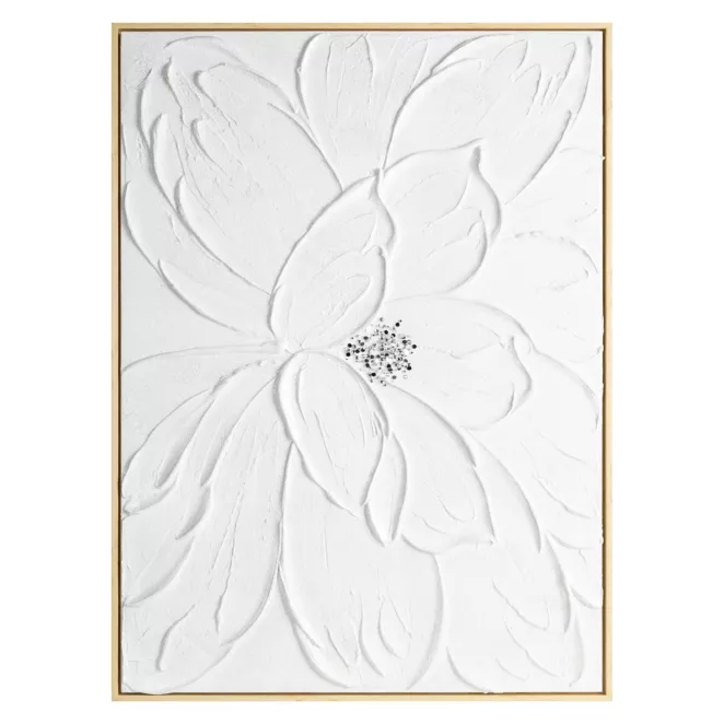 Obraz biały ręcznie malowany trójwymiarowy kwiat zdobiony kryształkami 60x90 cm Eurofirany
