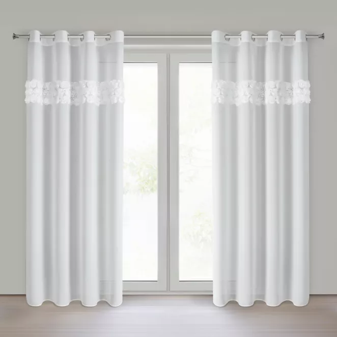 Firana biała z szyfonu zdobiona aplikacją 3D w róże 140x250 cm przelotki - ROSES8 - Eva Minge Eurofirany