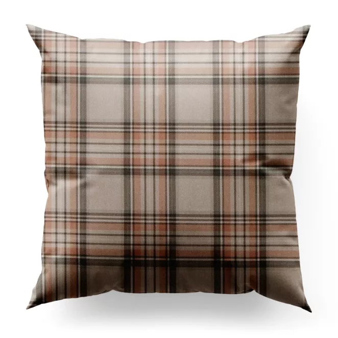 Poszewka szyta ceglasta z tkaniny z dodatkiem bawełny i nici metalicznej, o wzorze w kratę, zawiera 20% bawełny