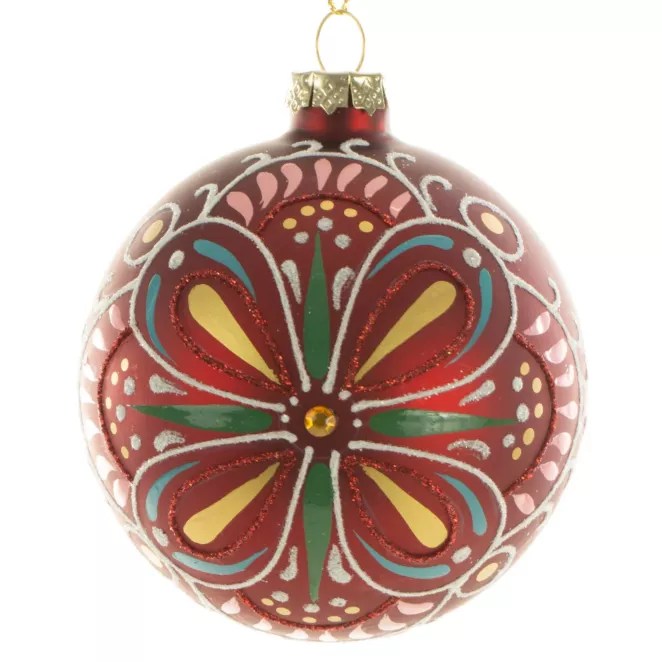 Czerwona szklana bombka choinkowa inspirowana wzorem folklorystyczny 8 cm Eurofirany