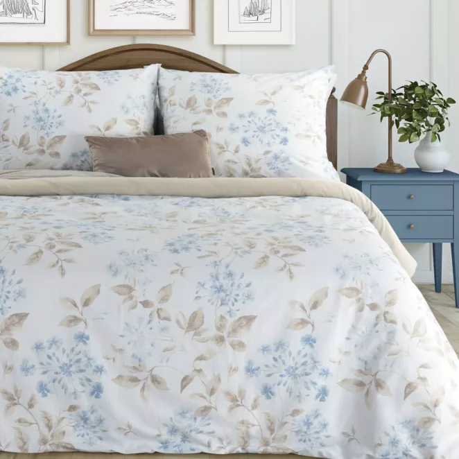 Pościel 140x200 cm komplet 2 częściowy z bawełny kolor kremowy, jasnoniebieski z motywem kwiatów JASMINA Eurofirany