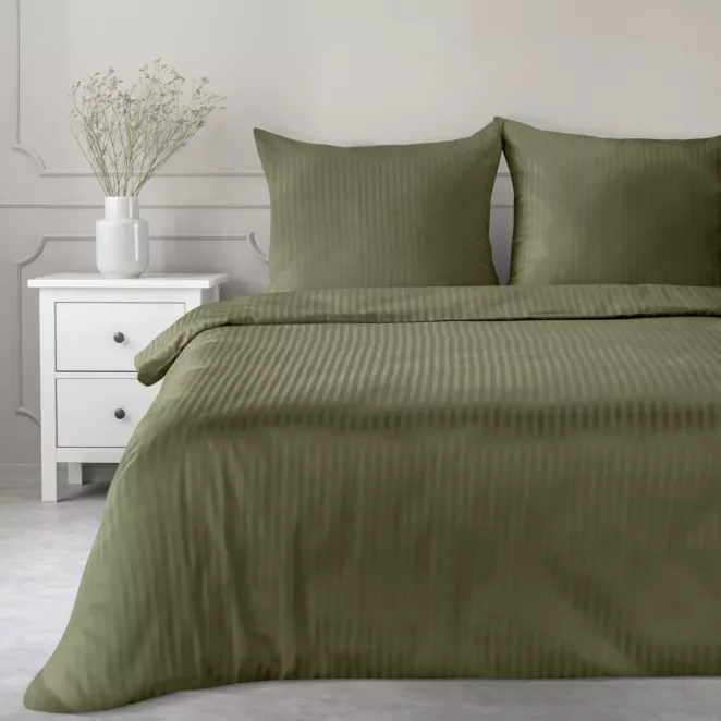 Pościel 160x200 cm satyna bawełniana kolor oliwkowy w drobne prążki VERA Eurofirany