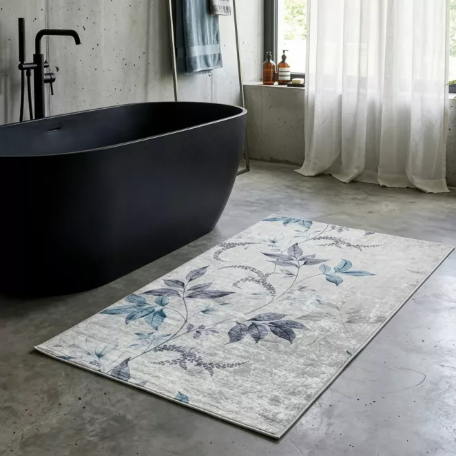 Dywan 50x80 cm kremowo, niebieski zdobiony motywem roślinnym LOTUS 6  Eurofirany