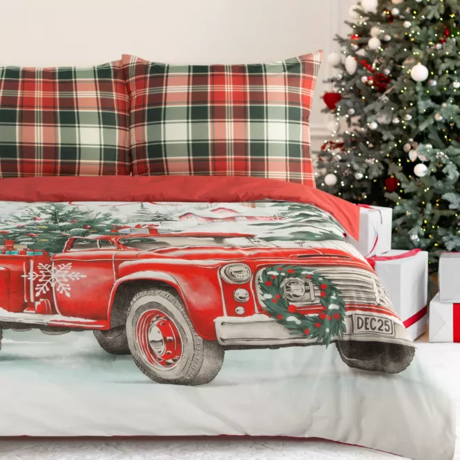 Pościel świąteczna 160x200 cm z bawełny ranforce, kolor czerwono, biały zdobiona uroczym nadrukiem świątecznego auta XMAS Eurofirany