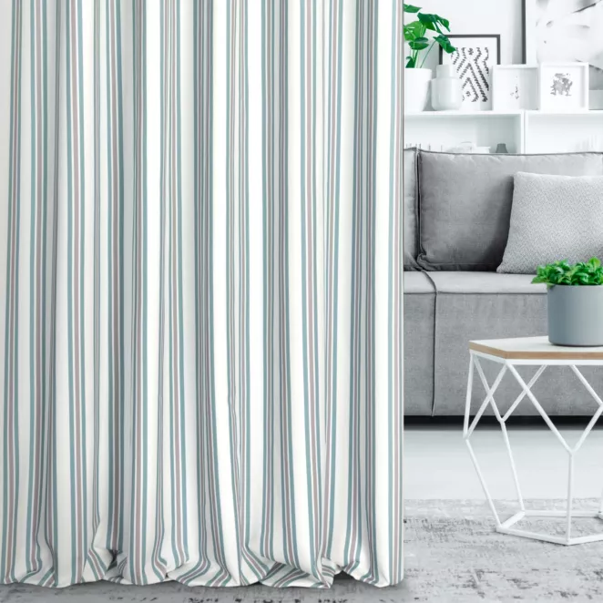 Zasłona szyta na taśmie fala jasnokremowo turkusowa z tkaniny o naturalnym splocie z nadrukowanym wzorem w pasy