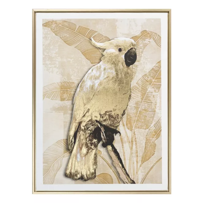 Obraz beżowo, złoty nadruk na płótnie papuga z błyszczącymi akcentami 45x60 cm Eurofirany