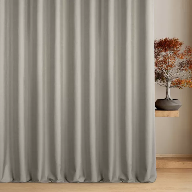 Zasłona szyta na flexach jasnobeżowa z tkaniny blackout zaciemniającej w 100% o naturalnej strukturze