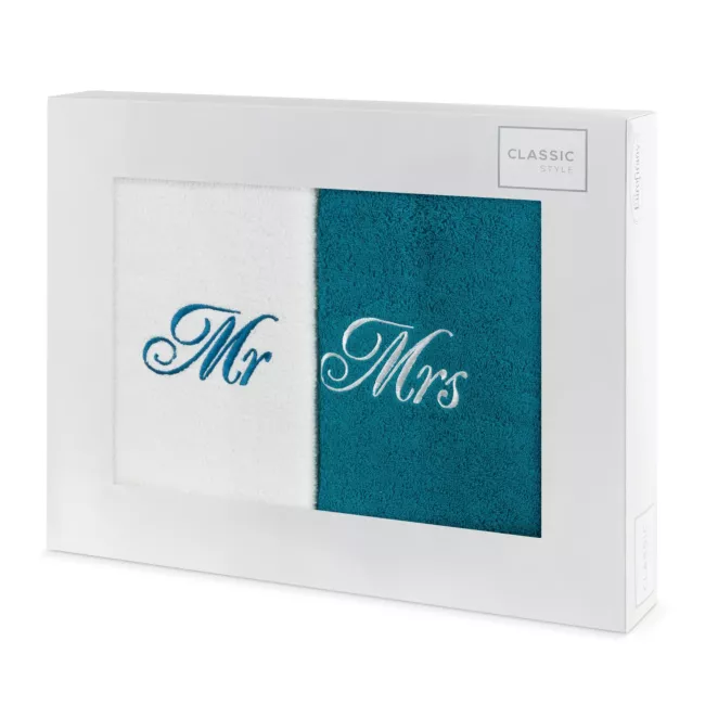 Zestaw ręczników bawełnianych 2 szt 70x140 cm z haftem MR&MRS kolor biały,turkusowy 400 g/m2 Eurofirany