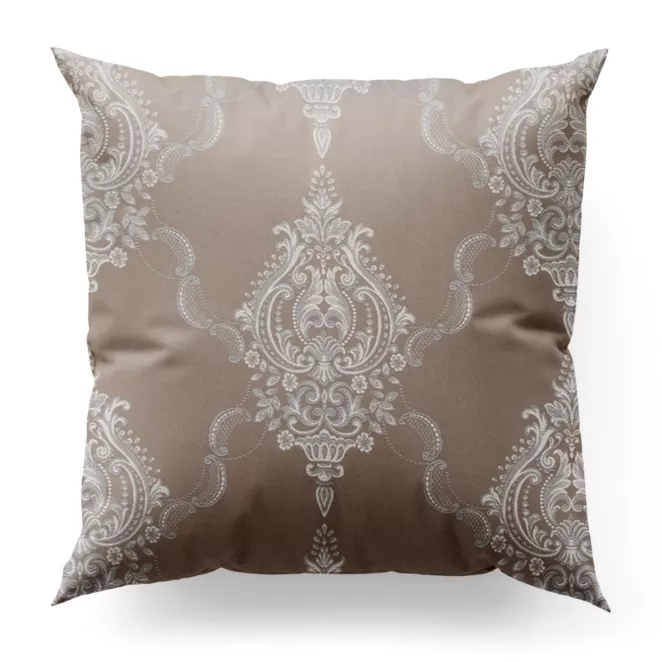 Poszewka szyta ciemnobeżowo srebrna z eleganckiej tkaniny w duży ornamentowy wzór