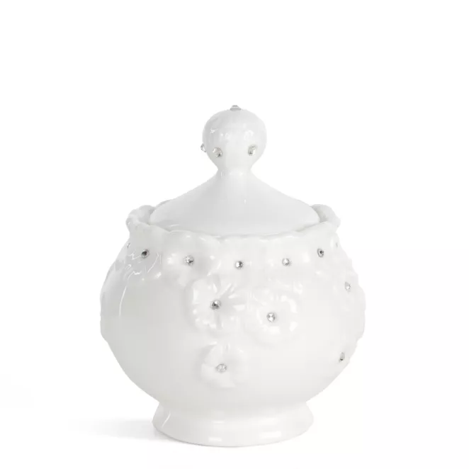 Pojemnik dekoracyjny biały zdobiony w drobne kwiaty z błyszczącym wykończeniem 10x12 cm ELISA  Eurofirany
