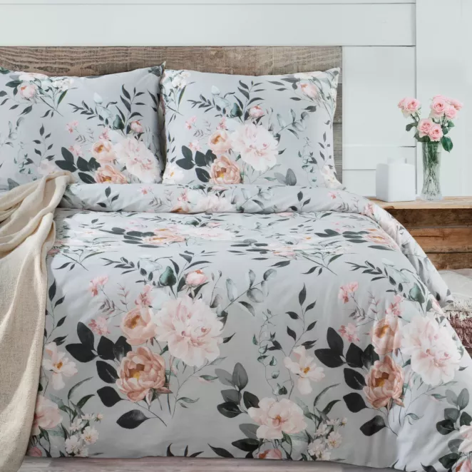 Pościel 140x200 cm bawełna ranforce kolor szary, stalowy z motywem kwiatów ROSITA Eurofirany