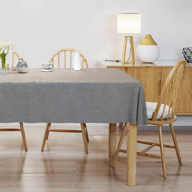 Obrus szyty szary miękka, szenilowa tkanina o wyraźnym splocie i delikatnym połysku