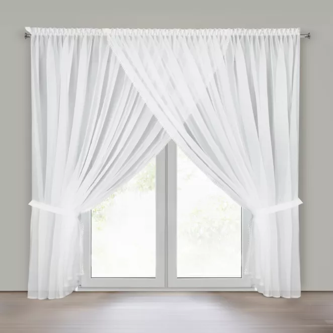 Firana biała z dekoracyjną koronką i troczkami 400x250 cm na taśmie - CAROLINE  Eurofirany