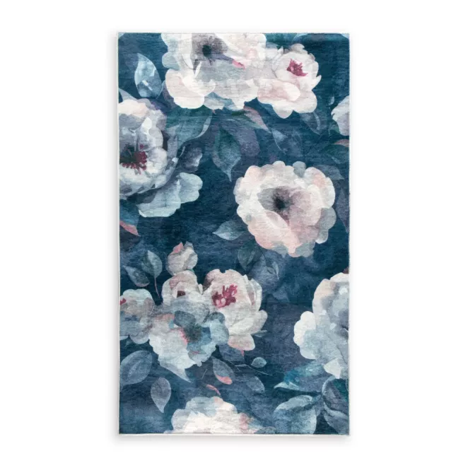 Dywan 50x80 cm ciemnoniebiesko, pudrowy z motywem kwiatu róży LOTUS 5 Eurofirany