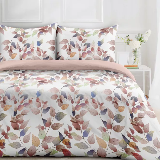 Pościel 200x220 cm kolor biało, wrzosowy z motywem liści LINDA design 91 Eurofirany