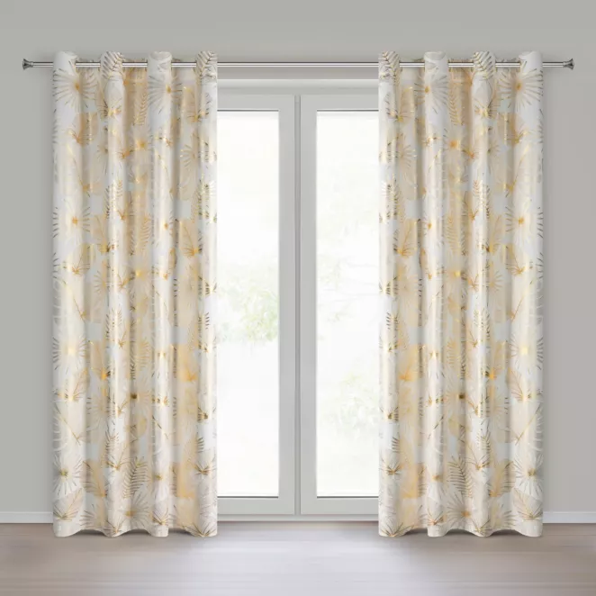 Zasłona kremowo, złota zdobiona błyszczącym motywem egzotycznych liści 140x250 cm przelotki - ZARIA - Eurofirany