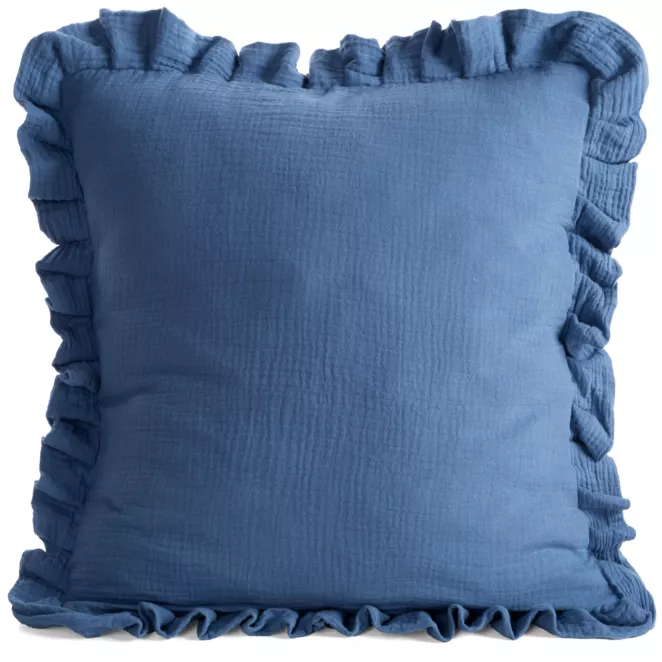 Poszewka na poduszkę 45x45 cm muślinowa z ozdobną falbanką na brzegach granatowa MUŚLIN 1 Eurofirany