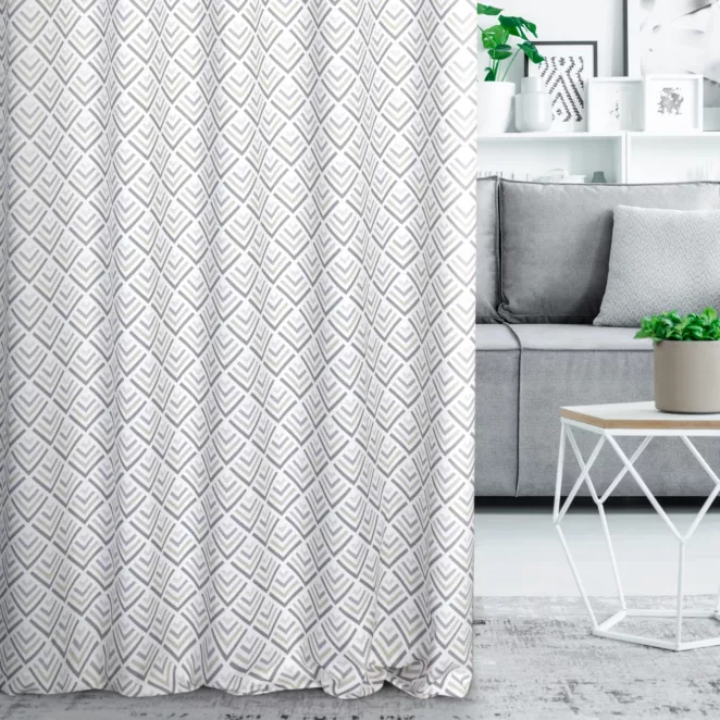 Zasłona szyta na taśmie fala kremowo grafitowa z tkaniny o naturalnym splocie z nadrukowanym geometrycznym wzorem