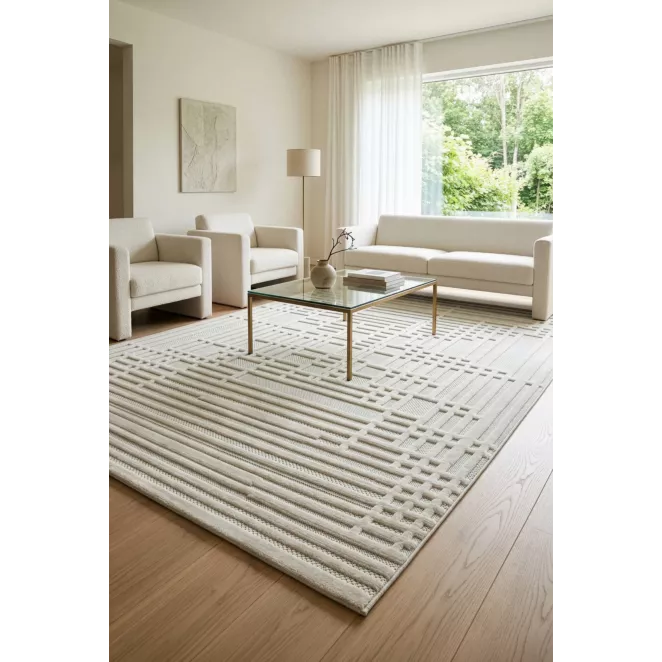 Dywan 60x100 cm kremowo, beżowy strukturalny, wytłaczany z nowoczesnym wzorem geometrycznych linii VENUS 2 Eurofirany
