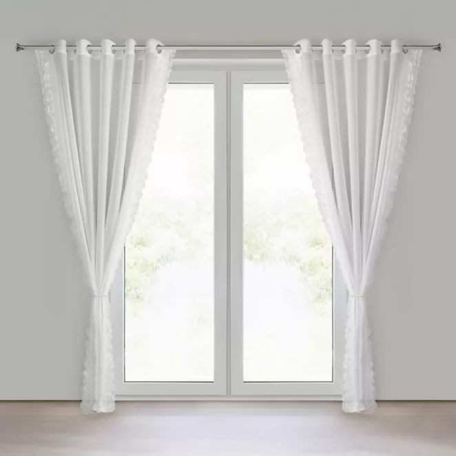 Firana biała z szyfonu zdobiona falbanką na brzegach w komplecie ozdobny troczek 140x250 cm  przelotki - LUISA Eurofirany